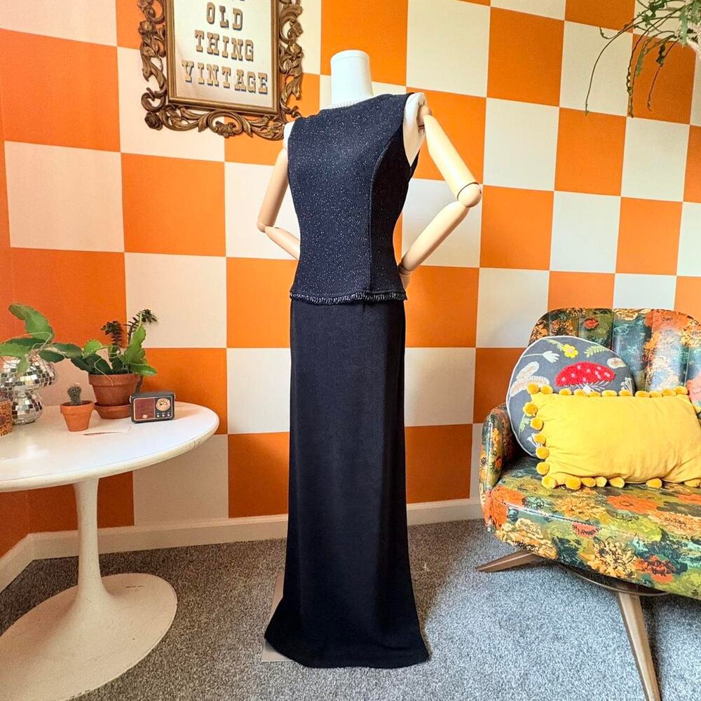 90s Vintage Black Glittery Black Slinky Stretchy Scott McClintock Formal Gown